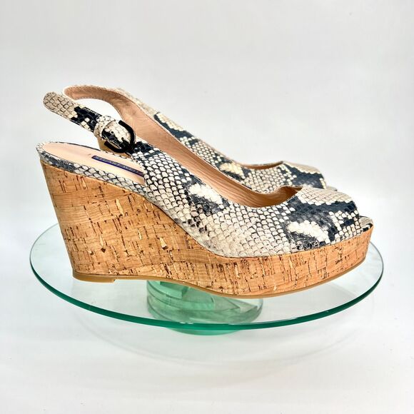 Stuart Weitzman Jean Slingback Wedge Sandals Cork Snake Print Peep Toe - Picture 2 of 10